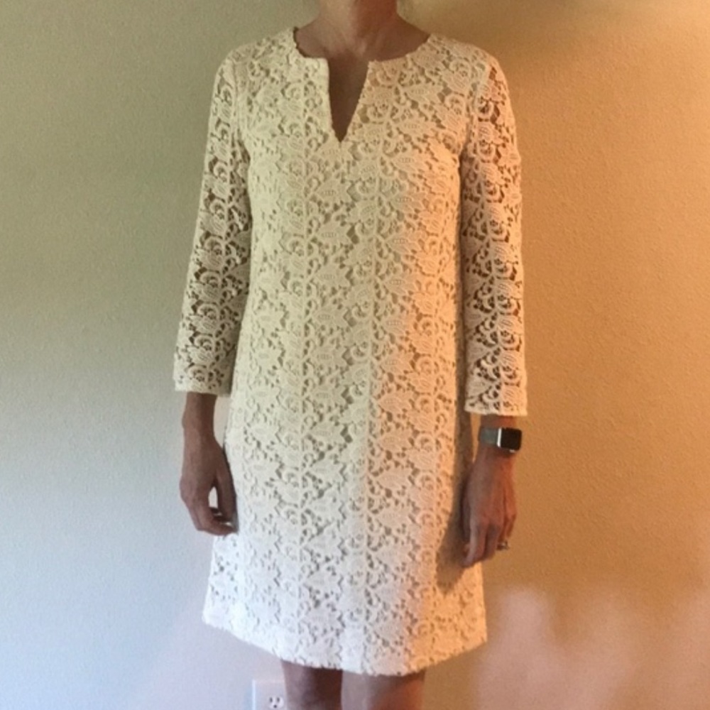 TALBOTS IVORY BEIGE CROCHET SHEATH DRESS   3/4 Sleeve